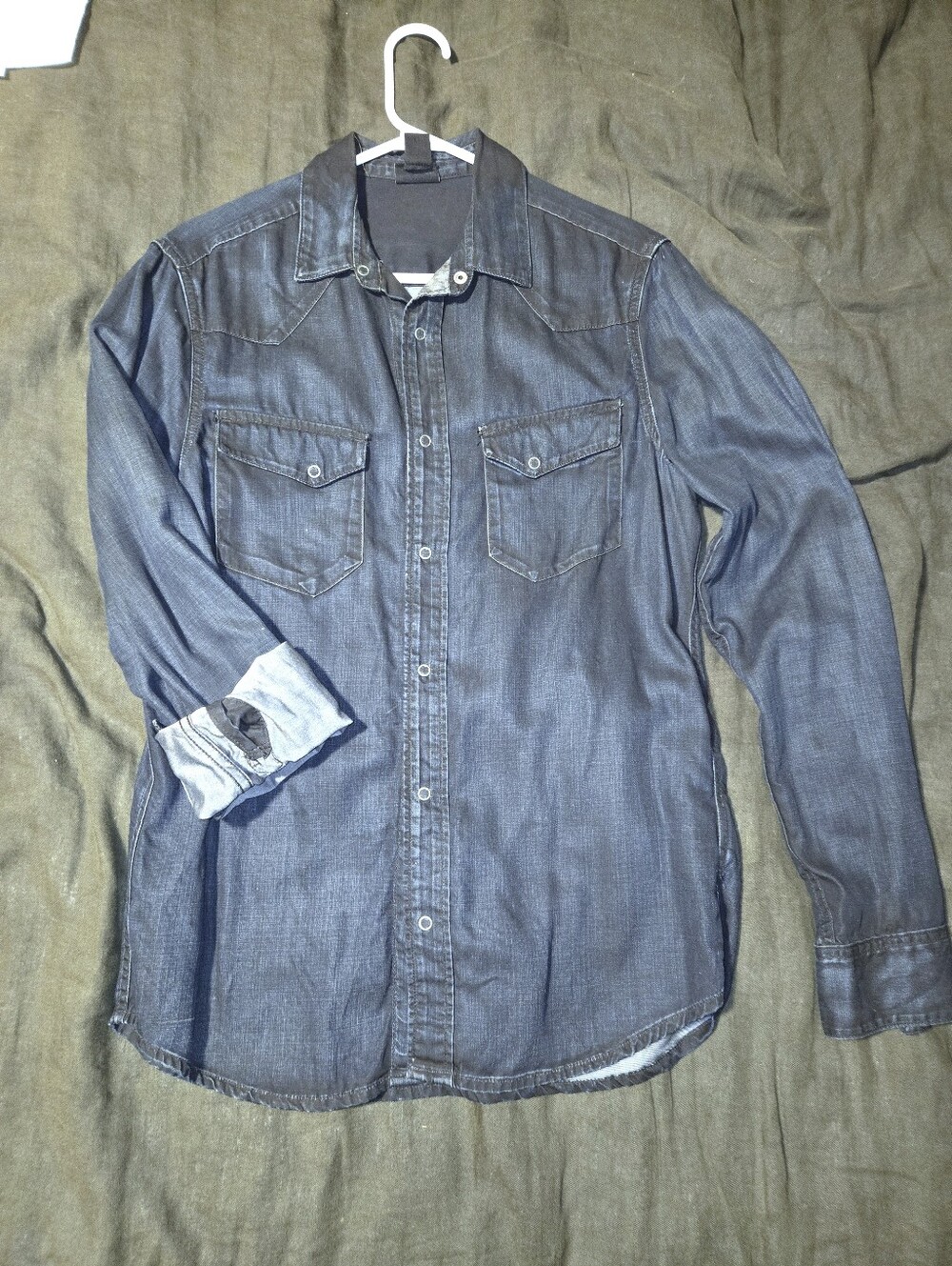 H&M Men's Western Denim Shirt | Dark Wash Snap Button Long Sleeve | Size Small